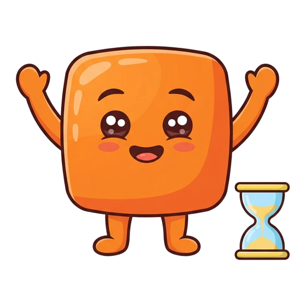Orange block buddy stretching beside an hourglass for healthy play breaks