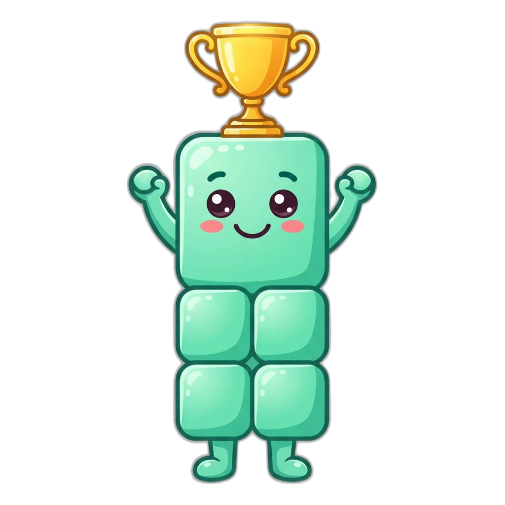 Mint bar block buddy lifting a trophy for the Purn Win Game ranks
