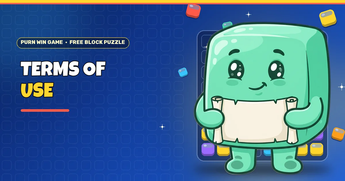 Mint block buddy holding a scroll for the Purn Win Game terms of use